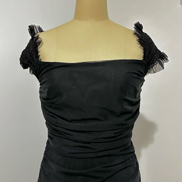 Vtg Tadashi Black Mesh Ruched Maxi Dress S Gothic Vampire Fairygoth Witchy - Picture 8 of 12